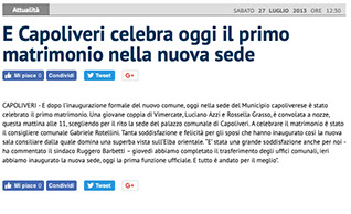 Ritaglio dell'articolo Capoliveri celebra oggi il primo matrimonio nella nuova sede